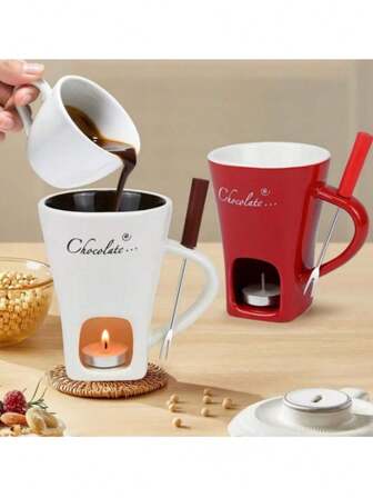 Ceramic Chocolate Melting Cup With Fork (Candle Not Included), Cheese Warmer Cup, Ideal For Outdoor Weddings, Parties, Birthday Gifts, Home Decor, Valentine's Day Gifts