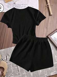 YOKASA Conjunto de camiseta holgada informal de verano de manga corta para mujer, que incluye pantalones cortos, estampado de cerezas, cuello redondo, patrón de letras, tela informal simple, estilo deportivo, adecuado para el uso diario. Conjunto de dos piezas para mujer: camiseta informal de manga corta con cuello redondo y pantalones cortos con cordón y adornos de cerezas, confeccionados en tejido de elasticidad media.2 pcs,190g Pure Heavy,95%Polyester 5%Spandex - Negro - YH1546 - Ver 3