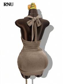 RNU Khaki Brown Backless Draped Collar/Metal Button Hollow/Minimalist Sequin Elastic Fitted Bottom, Women's Casual Nightclub Business Casual Concert Outfit/Office Wear, High Stretch Slim Fit Casual Daily/Valentine's Day/Carnival/New Year/Birthday Dress, Sexy Nightclub Party/Street/Vacation/Travel/Date, Spring/Summer New Mini Skirt - Coffee Brown - View 8