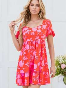 1pc Floral & Leaf Print Bohemian Ruffle Hem Dress, Beach Holiday Wear, Spring/Summer/Autumn Vacation Elegant - Red - View 1