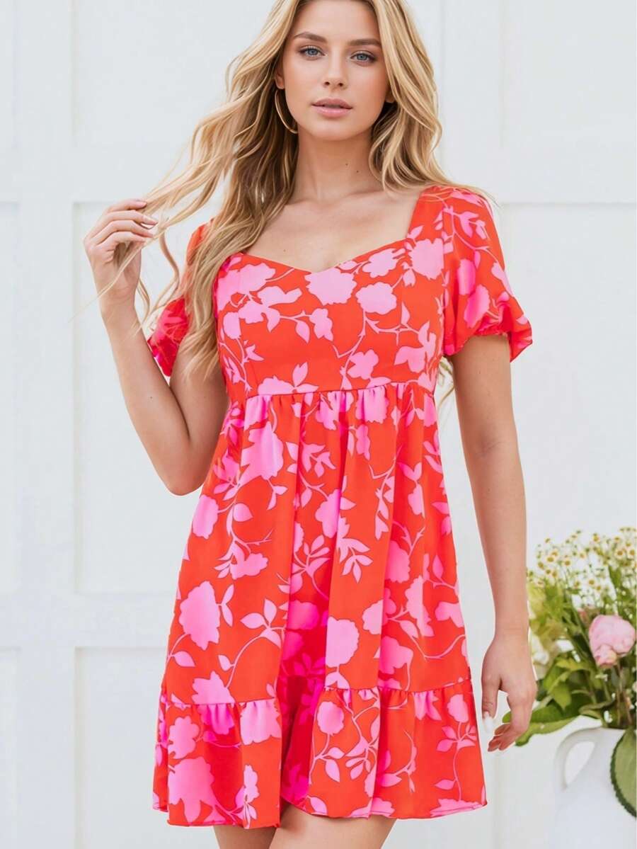 1pc Floral & Leaf Print Bohemian Ruffle Hem Dress, Beach Holiday Wear, Spring/Summer/Autumn Vacation Elegant - Red - View 1