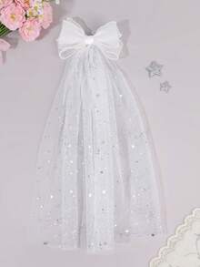 1pc White Tulle Hair Bow For Girls Star Printed Bow Alligator Clips Elegant Large Veil Hair Clips Pearls Border Barrettes Wedding Hairpin Pretty Princess Hair Bow Teens Hair Accessory - White - View 9