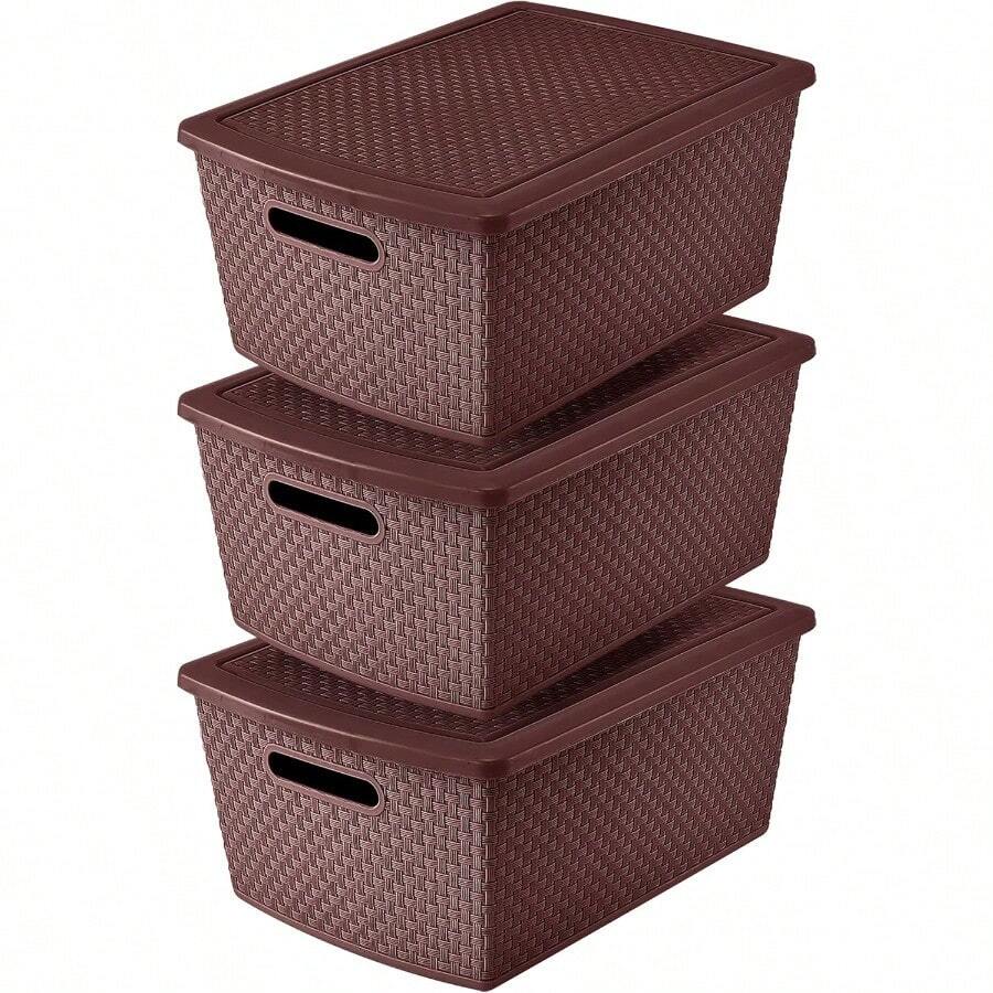 CYPNGuateplast - Set de 3 Cestas de Almacenamiento Plásticas de 22 Litros Contenedores Plásticos para Organizar el Hogar Organizadores Cajas de Plástico Cajas de almacenamiento Color ChocolateFashion - Chocolate - Ver 1