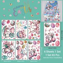 1 Set Of 6 Happy Easter Bunny & Egg Window Clings, Includes Flower, Bird, Floral Patterns, Suitable For Bedroom, Living Room, Home, Cabinet Window Decoration - Multicolor - View 3