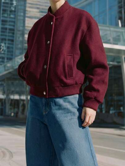 OUTTA BOX 单排扣口袋长袖立领落肩纯色羊毛混纺棒球夹克，女士款，时尚优雅休闲，适合居家、日常穿着、聚会、春季、秋季、冬季、情人节等场合。