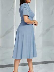 Women's Elegant V-Neck Ruffle Hem Solid Color Dress, Asymmetric/Irregular Midi Dress For Elegant Occasions, Weddings, Office, Daily Wear, Spring/Summer - Baby Blue - View 2