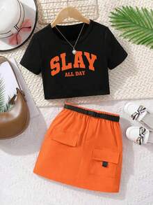 Tween Girls Letter Print T-Shirt And Flap Pocket Skirt Set - Orange - View 1