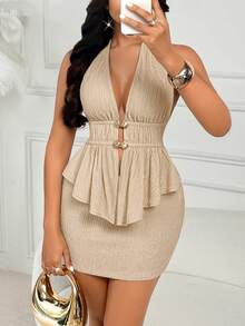 AIJ Amarilo Women's New 2-Piece Set For Summer, Solid Color Textured Fabric, Off-Shoulder Neckline, Hollow Out Pleated Cardigan Paired With Split Hem Skirt Set - Apricot - View 6