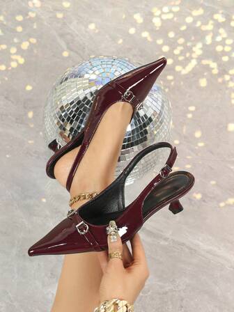 Damskor med vinröda höga klackar, 5 cm kitten klack, formella klänningsskor, stängd tå, festsandaler med fotledsrem