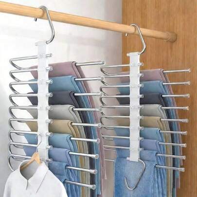 3 pièces/2 pièces/1 pièce Étagère de rangement pour pantalons et vêtements à 9/5 couches améliorée, économisant l'espace. Porte-pantalons multifonctionnel antidérapant en acier inoxydable. Organisateur de placard en forme de S avec crochets d'extension, utilisé pour les pantalons étroits, les pantalons et le rangement dans le placard, accessoires de penderie | Cintres de vêtements stables | Cintres en métal robustes, économisant 80% de l'espace de stockage