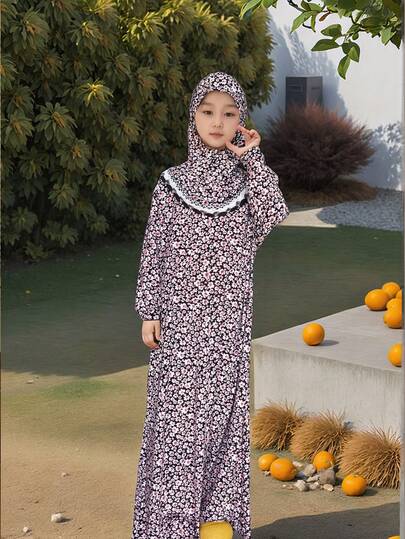 Pink Floral Printed Headscarf For Girls, Teenagers And Kids, Suitable For Daily Wear, And Home Use, Petal & Small Flowers Pattern Design, Elastic, Comfortable And Wide-Legged & Lengthened Hem