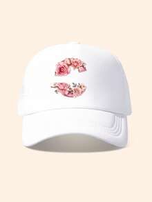1pc White & Pink Rose Embellished Letter Design Trucker Hat, Customizable 26 Letter Text, Name, Birthday, Fashion Breathable Hollow Sunshade Baseball Cap, Suitable Gift For Friends & Kids, Spring/Summer - White - View 17