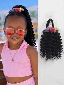 1pc ﻿Curly Ponytail With Gradient Headband Elastic Extension Synthetic Hairpiece For Kids, Rubber Band Black Hair With Cute Velvet Elastic Hair Band - Natural Black - View 9