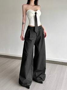 Top Dazzle Women's Black Polyester Wide Leg Long Pants With Pockets And Buckle Detail Non-Stretch - Black - View 4