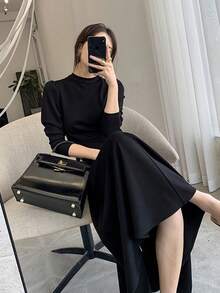 Vestido largo de manga larga y cuello redondo para mujer. Falda ajustada de color liso y corte en A. Vestido juvenil de largo medio para mujer. - Negro - Ver 2