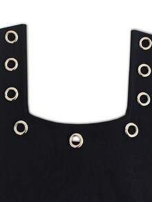 Women's Casual Elegant Daily Versatile Solid Color Square Neck Sleeveless Fitted Rivet Eyelet Black Short Knit Tank Top, Spring/Summer - Black - View 10