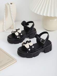 1 Pair Girls' Thick-Soled Fashion Sandals, Leather Patchwork With Pearl Decor, Round Toe, Soft Thick Sole, Comfortable Casual Roman Sandals, Suitable For 3-15 Years Old Female Students, Spring/Summer New - Black - View 4