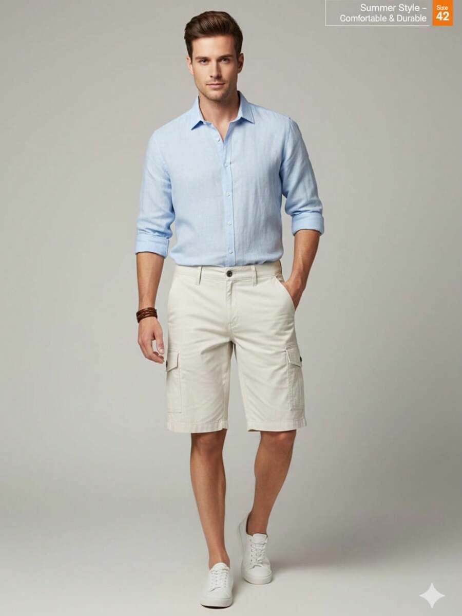Sporty Slim Cargo Shorts, Summer, Loose Fit, Pocket, Drawstring, Button, Halloween, Christmas - 米色 - 查看 1