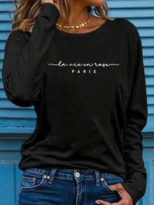 Black Long Sleeve T-Shirt With "Paris" French Print, Minimalist Romantic Style, Women's Long Sleeve T-Shirt, Cotton Round Neck Top, Female Apparel, Autumn/Winter, Warm Lining, Pullover, T-Shirt, Womenswear, Comfortable Fit, Autumn/Winter Clothing, Everyday Wear - Black - View 3