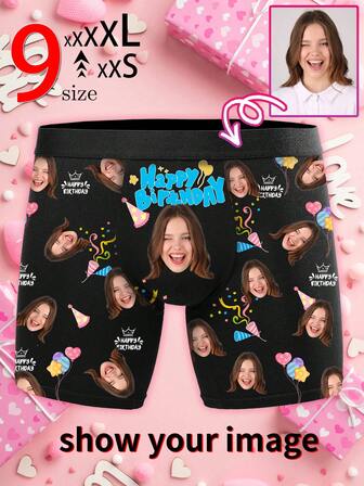 1pc Men's Birthday Theme Customized Print Boxer Briefs - Exclusive DIY Personalized Portrait Underwear, Suitable For Birthday Party, Creative Fashion Birthday Gift, Boxer Shorts