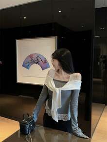 Women Off Shoulder Lace Trim Long Sleeve T-Shirt, Layering Blouse - Grey - View 7