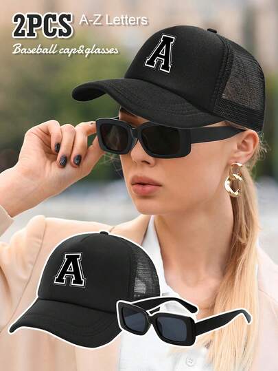 2件套成人个性化26字母印花卡车帽和眼镜套装，休闲百搭遮阳棒球帽，适合男女春夏日常时尚、度假、户外活动，是馈赠佳品。