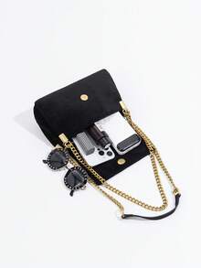 1 chiếc túi đeo vai mini bằng da lộn thời trang có nắp gập dành cho nữ, lý tưởng để phối cùng áo khoác ngoài mùa thu/đông. - màu đen - Xem 3