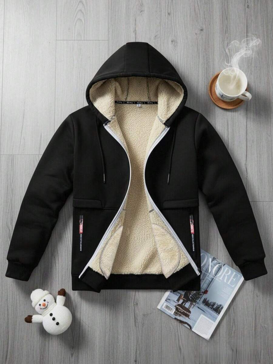 1pc Men Sherpa Fleece Jacket, Front Zip Up Hooded Sweatshirt, Casual Versatile Knitted Sweatshirt - Black - View 1