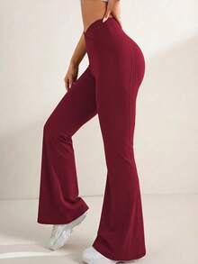 MFVIM Women's High-Waisted Flare Pants, Red, Crossover Waistband Design, Slim Fit, Tummy Control, Breathable & Comfortable, Stretchy & Soft, Pockets, Suitable For Commuting, Outdoor, Running, Cycling, Yoga, Pilates, Gym Workout