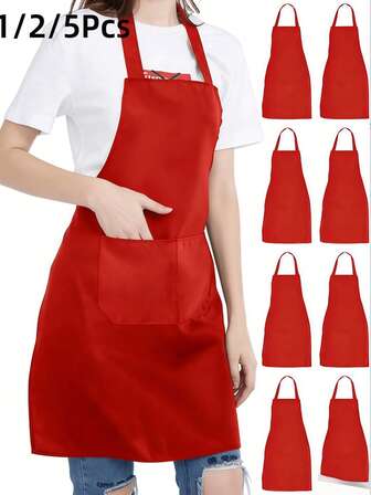 1/5 Packs Red Polyester Aprons With Pockets, Suitable For Barbecue/Hairdressing/Catering/Chef, Applicable To Camping, Cleaning, Home, New Year Party, Wedding Scenarios, Unisex & Reusable
