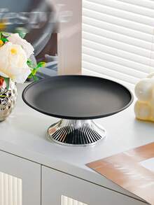 1pc Stainless Steel Round Tray, Metal Tray With Silver Base, Retro Design, Home Decor, Dessert Serving Tray, Party Decoration Platter - Black - View 14