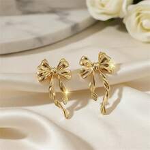 1 Pair Of Fashionable Commuting 3D Golden Bow Earrings, Suitable For Women's Daily Wear, Women's Valentine's Day Gift - 金色 - 查看 8