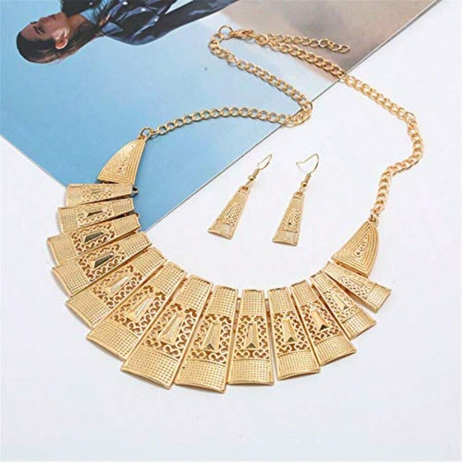 N/Q Collar retro de alto pulido chapado en oro de 14 quilates con forma de corazón de amor abierto collar de gota de agua aretes colgantes de lágrima para mujer conjunto de joyas étnicas - como en la foto - Ver 1
