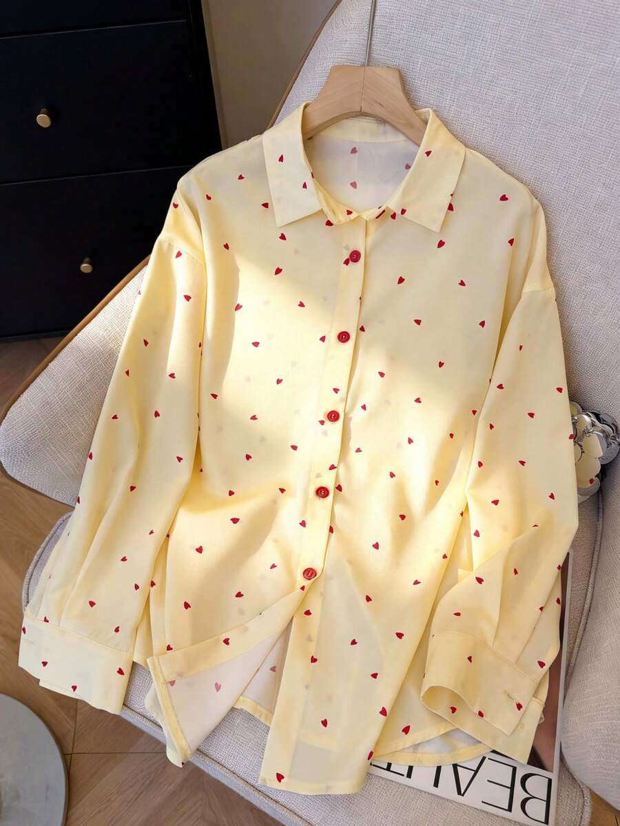 女士休闲落肩长袖爱心印花衬衫 - 彩色 - 查看 1