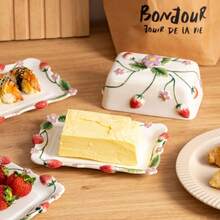 Ceramic Butter Keeper, Restaurant Style Cheese Box, Handpainted Underglaze Embossed Butter Dish - Multicolor - View 12