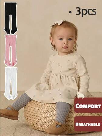 3 Pairs Girls Solid Color Tight Leggings, Comfortable Elastic Tights Suitable For Everyday Wear