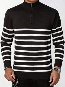 Men's Elegant Striped Sweater With Half-Zip Design, Versatile - Black - View 2