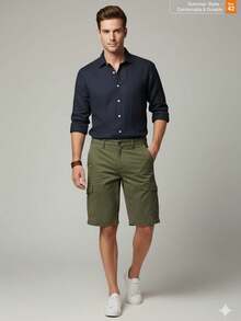 Sporty Slim Cargo Shorts, Summer, Loose Fit, Pocket, Drawstring, Button, Halloween, Christmas - Army Green - View 1