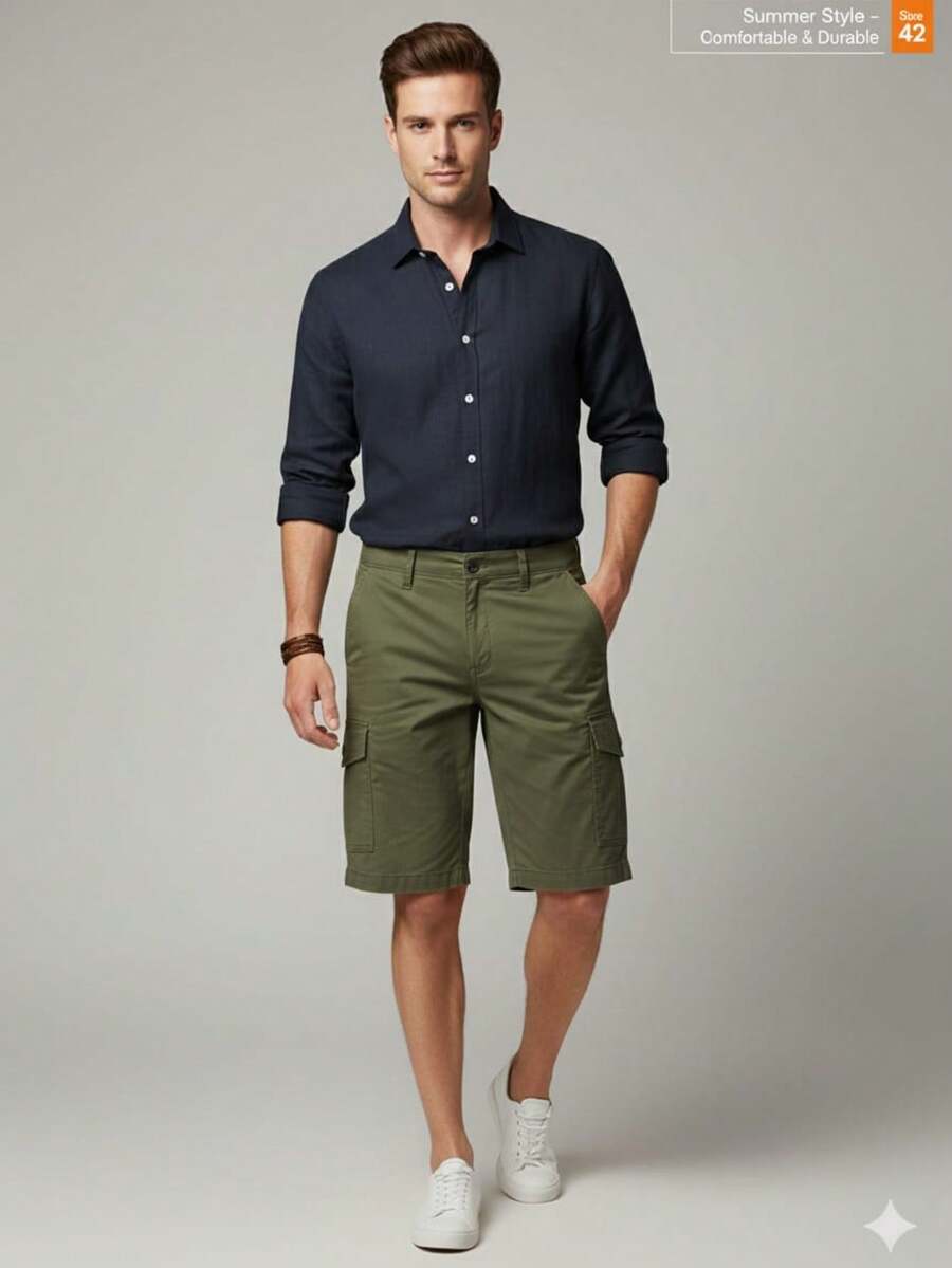 Sporty Slim Cargo Shorts, Summer, Loose Fit, Pocket, Drawstring, Button, Halloween, Christmas - Army Green - View 1