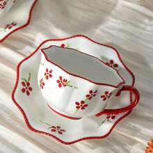 1pc Hand-Painted Red Flower Ceramic Cup & Saucer Set, Red Rim Wavy Design, Suitable For Afternoon Tea, Home Breakfast, Creating An Elegant Dining Scene, Practical Teaware - Multicolor - View 5