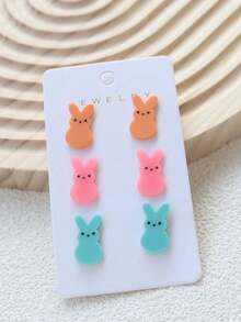 6只彩色亚克力复活节兔子耳钉，可爱撞色彩蛋兔耳环套装，百搭日常佩戴，适合女性 - style1 - 查看 3