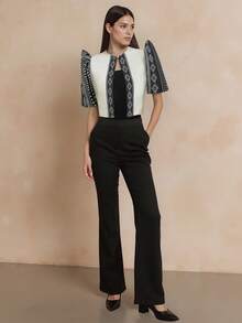 Amyenjoylife Women's Elegant Puff Sleeve Blouse, Modern Filipino Style, Casual Summer Top - Black and White - View 3