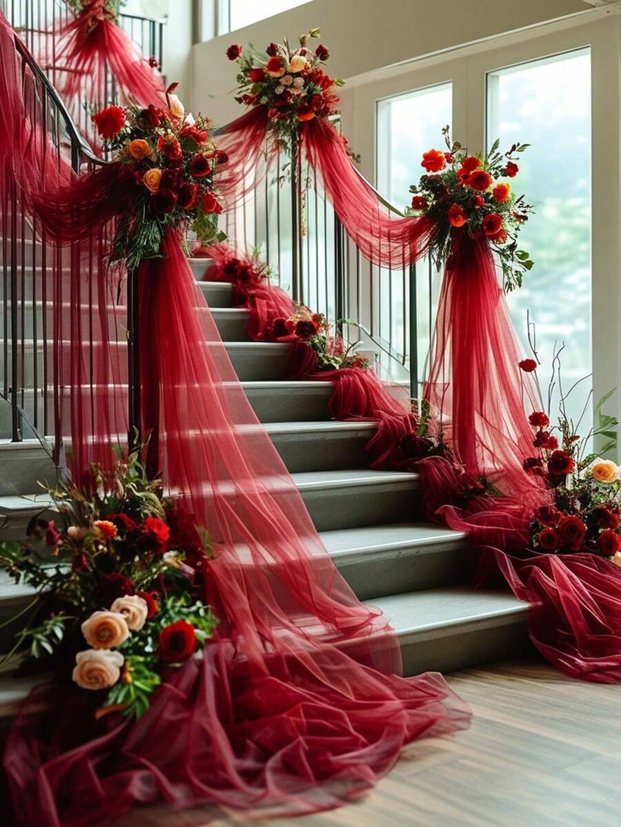 1 Pc/2 Pieces Set, Wine-Red Transparent Fabric Wedding Arch Curtains -75*300/75*600 Cm Hanging Chiffon Curtains For Ceremonies, Engagements, Receptions And Background Decorations - Elegant And Romantic Country Party Decorations, Bride Showers, Anniversaries, Flowing And Romantic Curtains For Wedding Arches And Decorations - Burgundy - View 1