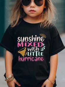 Camiseta de algodón para niñas |   Patrón mixto de sol y pequeño huracán |   Impresión de Letras Multicolor |   Cuello redondo, mangas cortas |   Top de Punto Elástico Transpirable |   Lavable aáquina |   Camiseta Casual Primavera/Verano, Ropa para Chicas Jóvenes - Negro - Ver 7