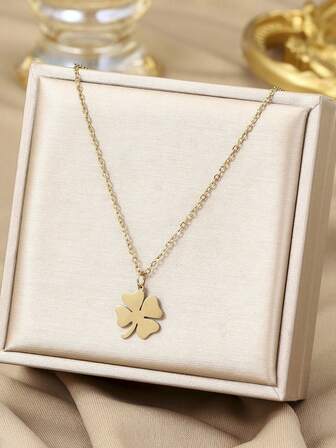Damen/Mädchen Edelstahl Kleeblatt Kette, 14 Karat Gold minimalistische Kleeblatt Anhänger - Kleeblatt Kette, Schmuck, Glücksbringer Kleeblatt Kette, Geburtstags/Valentinstags/Abschlussgeschenk