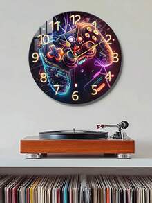 1个10英寸/12英寸电子游戏主题静音挂钟 - 圆形木质数字显示屏，适用于卧室、客厅、酒吧装饰，是节日礼物的理想之选，卧室游戏主题挂钟装饰，静音运行 - 彩色 - 查看 1