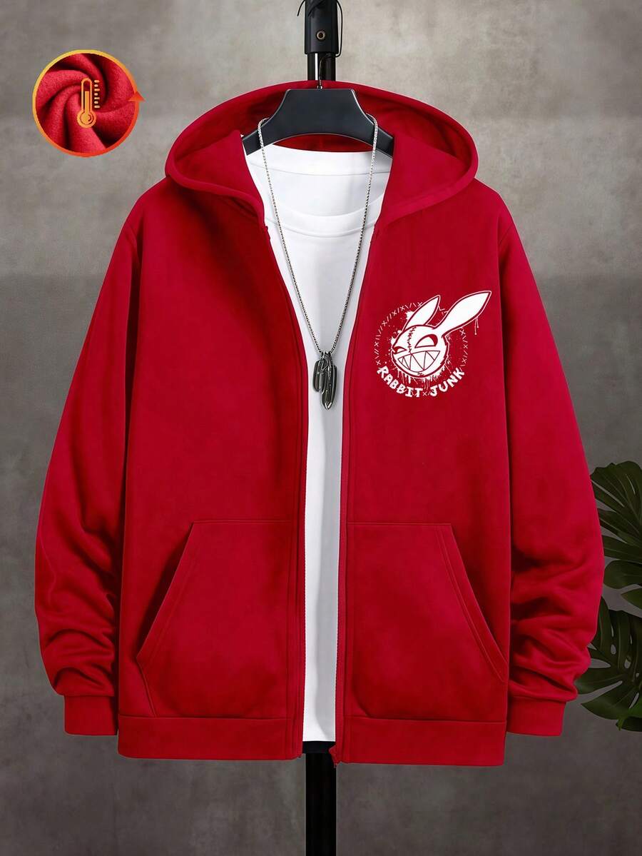 Este moletom com capuz e zíper, criativo, casual e minimalista, para meninos e meninas, com forro de algodão, ombros caídos, confortável e versátil, apresenta uma estampa divertida que lembra bonecas. É uma nova série de moletons de manga comprida com caimento suave e um estilo urbano e preppy. - Vermelho grande - Ver 1