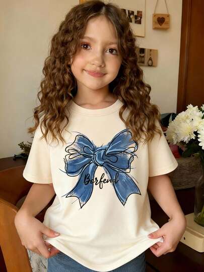 女童服装，童装，手绘樱花蝴蝶结图案T恤 - 休闲宽松运动短袖圆领女童T恤 - 完美的夏季礼物，适合春夏上学和户外活动穿着