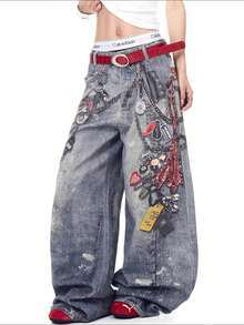 1pc American Street Style Digital Print Men's Wide Leg Jeans, Fashion Loose Comfortable Casual Versatile Denim Pants (No Belt & Accessories) - 藍色 - 查看 2
