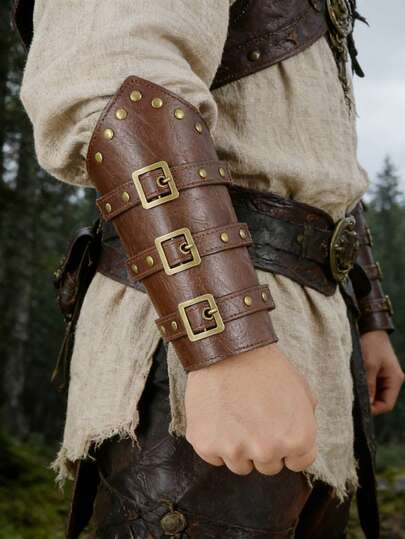 1 pieza/2 piezas Pulsera marrón, pulsera con hebilla estilo renacimiento vikingo, pulsera de cuero sintético nórdico, pulsera marrón retro, brazalete de cuero sintético medieval, brazal de caballero LARP, equipo medieval LARP unisex